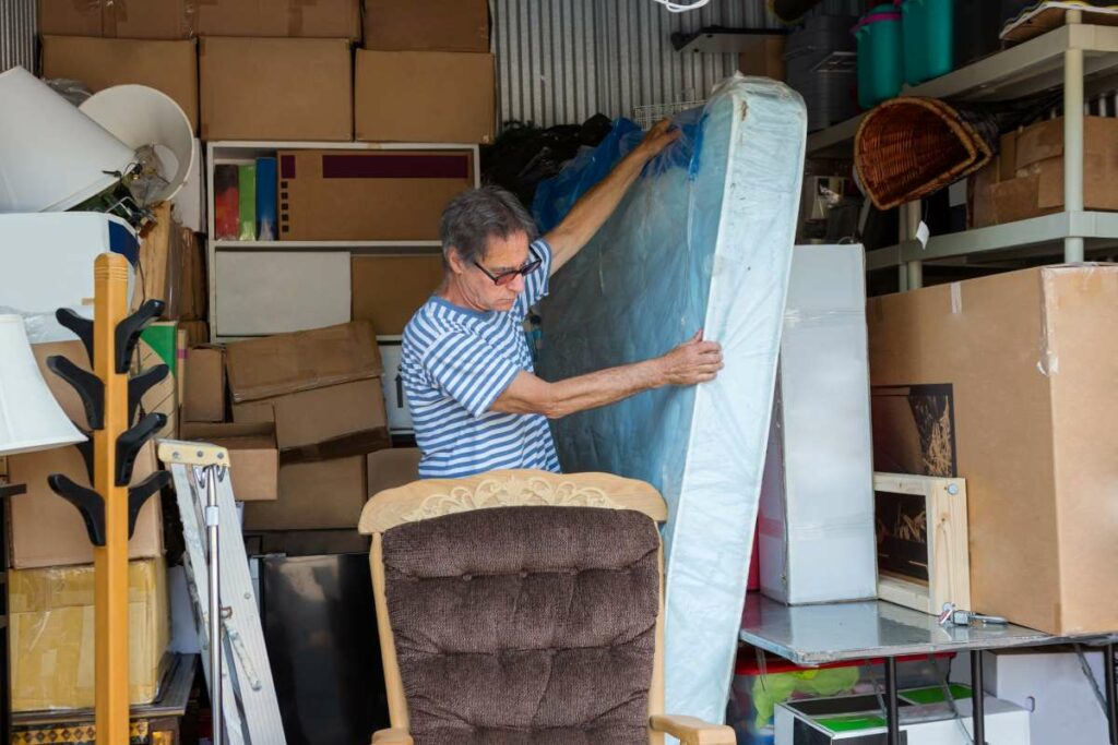 Man visiting a storage unit to put extra belongings in it to add extra space in his house. 